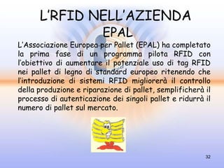 L’RFID NELL’AZIENDA
                         EPAL
L’Associazione Europea per Pallet (EPAL) ha completato
la prima fase di un programma pilota RFID con
l’obiettivo di aumentare il potenziale uso di tag RFID
nei pallet di legno di standard europeo ritenendo che
l’introduzione di sistemi RFID migliorerà il controllo
della produzione e riparazione di pallet, semplificherà il
processo di autenticazione dei singoli pallet e ridurrà il
numero di pallet sul mercato.




                                                        32
 
