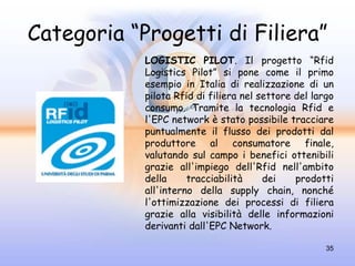 Categoria “Progetti di Filiera”
            LOGISTIC PILOT. Il progetto “Rfid
            Logistics Pilot” si pone come il primo
            esempio in Italia di realizzazione di un
            pilota Rfid di filiera nel settore del largo
            consumo. Tramite la tecnologia Rfid e
            l'EPC network è stato possibile tracciare
            puntualmente il flusso dei prodotti dal
            produttore al consumatore finale,
            valutando sul campo i benefici ottenibili
            grazie all'impiego dell'Rfid nell'ambito
            della     tracciabilità     dei    prodotti
            all'interno della supply chain, nonché
            l'ottimizzazione dei processi di filiera
            grazie alla visibilità delle informazioni
            derivanti dall'EPC Network.

                                                      35
 
