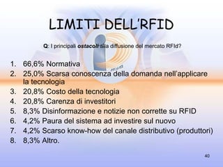LIMITI DELL’RFID
         Q: I principali ostacoli alla diffusione del mercato RFId?


1. 66,6% Normativa
2. 25,0% Scarsa conoscenza della domanda nell’applicare
   la tecnologia
3. 20,8% Costo della tecnologia
4. 20,8% Carenza di investitori
5. 8,3% Disinformazione e notizie non corrette su RFID
6. 4,2% Paura del sistema ad investire sul nuovo
7. 4,2% Scarso know-how del canale distributivo (produttori)
8. 8,3% Altro.
                                                                      40
 