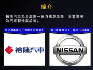 簡介 裕隆汽車 為台灣第一家汽車製造商，主要業務為汽車製造與銷售。 多品牌專業 代工 的製造服務業者 與日產國際分工，專注 行銷 事務 