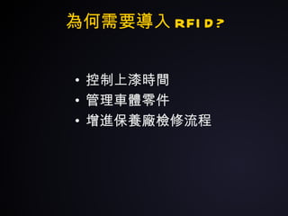 為何需要導入 RFID? 控制上漆時間 管理車體零件 增進保養廠檢修流程 