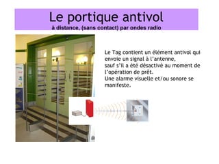 Le portique antivol
à distance, (sans contact) par ondes radio



                    Le Tag contient un élément antivol qui
                    envoie un signal à l’antenne,
                    sauf s’il a été désactivé au moment de
                    l’opération de prêt.
                    Une alarme visuelle et/ou sonore se
                    manifeste.
 