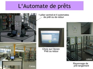 L‘Automate de prêts
             1 pilier central et 4 automates
                   de prêt ou de retour




                Choix sur l’écran
                 Prêt ou retour


                                                         calais
    Calais
                                               Rayonnage de
   Calais                                      pré-rangement
 