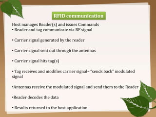 RFID communication
Host manages Reader(s) and issues Commands
• Reader and tag communicate via RF signal
• Carrier signal generated by the reader
• Carrier signal sent out through the antennas
• Carrier signal hits tag(s)
• Tag receives and modifies carrier signal– “sends back” modulated
signal

•Antennas receive the modulated signal and send them to the Reader
•Reader decodes the data
• Results returned to the host application

 