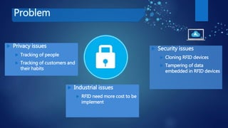 Problem
 Privacy issues
 Tracking of people
 Tracking of customers and
their habits
 Security issues
 Cloning RFID devices
 Tampering of data
embedded in RFID devices
 Industrial issues
 RFID need more cost to be
implement
 