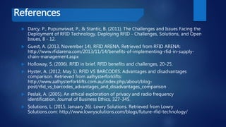 References
 Darcy, P., Pupunwiwat, P., & Stantic, B. (2011). The Challenges and Issues Facing the
Deployment of RFID Technology. Deploying RFID - Challenges, Solutions, and Open
Issues, 8 - 12.
 Guest, A. (2013, November 14). RFID ARENA. Retrieved from RFID ARENA:
http://www.rfidarena.com/2013/11/14/benefits-of-implementing-rfid-in-supply-
chain-management.aspx
 Holloway, S. (2006). RFID in brief. RFID benefits and challenges, 20-25.
 Hyster, A. (2012, May 1). RFID VS BARCODES: Advantages and disadvantages
comparison. Retrieved from aalhysterforklifts:
http://www.aalhysterforklifts.com.au/index.php/about/blog-
post/rfid_vs_barcodes_advantages_and_disadvantages_comparison
 Peslak, A. (2005). An ethical exploration of privacy and radio frequency
identification. Journal of Business Ethics, 327-345.
 Solutions, L. (2015, January 26). Lowry Solutions. Retrieved from Lowry
Solutions.com: http://www.lowrysolutions.com/blogs/future-rfid-technology/
 
