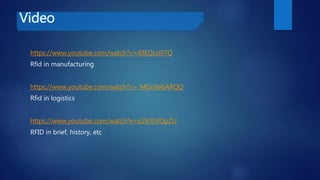 Video
https://www.youtube.com/watch?v=iEfEQsJJ07Q
Rfid in manufacturing
https://www.youtube.com/watch?v=_MGn9e6ARQQ
Rfid in logistics
https://www.youtube.com/watch?v=o2VrItVOpZU
RFID in brief, history, etc
 