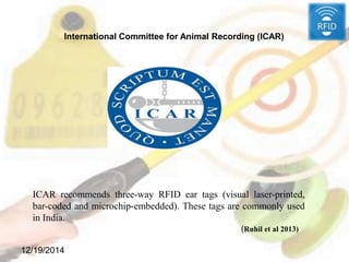 12/19/2014
International Committee for Animal Recording (ICAR)
ICAR recommends three-way RFID ear tags (visual laser-printed,
bar-coded and microchip-embedded). These tags are commonly used
in India.
(Ruhil et al 2013)
 
