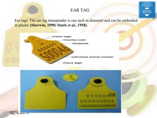 EAR TAG
12/19/2014
Ear tags: The ear tag transponder is one inch in diameter and can be embodied
in plastic (Sherwin, 1990; Stark et al., 1998).
 