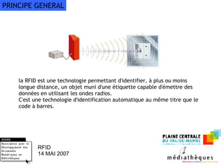 la RFID est une technologie permettant d'identifier, à plus ou moins longue distance, un objet muni d'une étiquette capable d'émettre des données en utilisant les ondes radios.  C'est une technologie d'identification automatique au même titre que le code à barres. RFID  14 MAI 2007 PRINCIPE GENERAL 