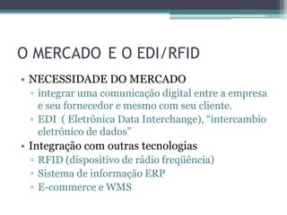 O MERCADO E O EDI/RFID
• NECESSIDADE DO MERCADO
▫ integrar uma comunicação digital entre a empresa
e seu fornecedor e mesmo com seu cliente.
▫ EDI ( Eletrônica Data Interchange), “intercambio
eletrônico de dados”
• Integração com outras tecnologias
▫ RFID (dispositivo de rádio freqüência)
▫ Sistema de informação ERP
▫ E-commerce e WMS
 