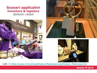 Scenari applicativi
Inventory & logistica
Settori: retail

Link -> http://www.rf-id.it/CaseHistory/Matranga/CaseHistory_Matranga.htm

www.rf-id.it

 