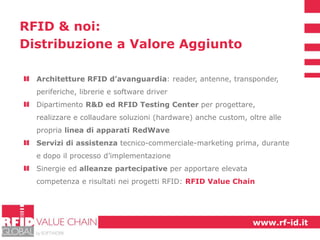RFID & noi:
Distribuzione a Valore Aggiunto
Architetture RFID d’avanguardia: reader, antenne, transponder,
periferiche, librerie e software driver
Dipartimento R&D ed RFID Testing Center per progettare,

realizzare e collaudare soluzioni (hardware) anche custom, oltre alle
propria linea di apparati RedWave
Servizi di assistenza tecnico-commerciale-marketing prima, durante
e dopo il processo d’implementazione
Sinergie ed alleanze partecipative per apportare elevata
competenza e risultati nei progetti RFID: RFID Value Chain

www.rf-id.it

 