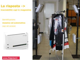 Viaggio dell’RFID nel mondo della moda 
La risposta -> 
tracciabilità capi in magazzino 
Identificazione 
massiva ed automatica 
capi ed accessi 
www.rfidglobal.it 
 