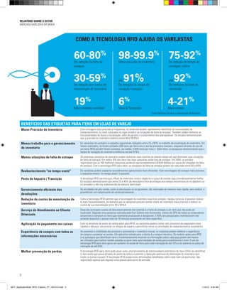 RELATÓRIO SOBRE O SETOR
MERCADO VAREJISTA DA MODA
3
BENEFÍCIOS DAS ETIQUETAS PARA ITENS EM LOJAS DE VAREJO
Maior Precisão de Inventário Com contagens mais precisas e frequentes, os varejistas podem rapidamente identificar as necessidades de
reabastecimento, os itens colocados no lugar errado e as situações de falta de estoque. Também podem melhorar as
funcionalidades de busca e localização, além de garantir o cumprimento dos planogramas. Os estudos demonstraram
que a precisão do inventário melhora entre 98 e 99,9%4.
Menos trabalho para o gerenciamento
do inventário
Os varejistas de vestuário e calçados registraram reduções entre 75 e 92% no trabalho de atualização do inventário. Em
testes realizados, só foram contados 200 itens por hora com o uso de processos manuais, enquanto através do uso de
um leitor RFID portátil foram contados, em média, 5.000 itens por hora.2 Além disto, as pesquisas demonstraram que o
tempo de recepção do inventário melhorou em até 91%4.
Menos situações de falta de estoque As empresas varejistas de vestuário podem aumentar suas receitas ao mesmo tempo em que diminuem suas situações
de falta de estoque. Em média, 8% dos itens das lojas varejistas estão fora de estoque. Em 2004, os estudos
registraram que os 100 melhores varejistas perderam aproximadamente US$ 69 bilhões por causa de situações de falta
de estoque. Com a tecnologia RFID para itens, as situações de falta de estoque podem ser reduzidas entre 60 e 80%.
Reabastecimento "no tempo exato" Os varejistas podem implantar procedimentos operacionais mais eficientes. Com recontagens de estoque mais precisas,
o reabastecimento "no tempo exato" é possível.
Porta de Impacto / Transição A tecnologia RFID permite que o fluxo de inventário entre o depósito e o piso de vendas seja consideravelmente melhor.
Os estudos demonstraram que entre 25 e 40% da mercadoria fora de estoque nos varejos encontrava-se no depósito ou
no provador e não era reabastecida de maneira oportuna4.
Gerenciamento eficiente das
devoluções
As atividades de pós-venda, como as devoluções ou as garantias, são realizadas de maneira mais rápida, sem recibos, e
possibilitam um comprovante de venda permanente.
Redução de custos de manutenção de
inventário
Como a tecnologia RFID permite que a recontagem do inventário seja mais simples, rápida e precisa, é possível realizá-
la mais frequentemente, de maneira que os varejistas possam manter níveis de inventário mais precisos e reduzir os
custos de sua manutenção entre 30 e 59%4.
Serviço de Atendimento ao Cliente
Otimizado
Duas das principais causas de descontentamento dos clientes é a falta de estoque e um item que não pode ser
localizado. Segundo uma pesquisa realizada pela Kurt Salmon and Associates, menos de 30% de todos os compradores
encontram e compram os itens que realmente precisavam e desejavam. E 49% dos pesquisados manifestaram não
estarem dispostos a passar mais de 10 minutos procurando um item específico.
Agilização de pagamento nos caixas Com os terminais de ponto de venda aptos para RFID, os varejistas podem contar com processos de pagamento mais
rápidos e eficazes, encurtando os tempos de espera e permitindo iniciar as atividades de reabastecimento automático.
Experiência de compra com todas as
informações necessárias
Ao aumentar a visibilidade dos produtos e automatizar o inventário manual, os varejistas podem melhorar a experiência
de compra e aumentar as vendas. Um aplicativo voltado para o cliente é a compra interativa. Os modelos aptos para RFID
e os quiosques que identificam itens e instantaneamente mostram as informações sobre cada peça podem até mesmo
ser utilizados para realizar vendas casadas ou gerar mais oportunidades de venda para complementar o item. O uso da
tecnologia RFID para itens gerou um aumento na venda de itens para cada transação de até 19% e um aumento no preço da
transação de até 6%4.
Melhor prevenção de perdas A tecnologia RFID para itens pode atuar como uma ferramenta de monitoramento eletrônico de itens (EAS) ao identificar
o item exato que passa através do ponto de leitura e permitir a detecção oportuna da diminuição do inventário (por
roubo ou outras causas). A tecnologia RFID proporciona informações detalhadas sobre cada item em particular, não
registrando apenas que alguma coisa passou pela porta de entrada.
COMO A TECNOLOGIA RFID AJUDA OS VAREJISTAS
98-99.9%
Maior precisão de inventário
60-80%
De redução da falta de
estoque
30-59%
De redução dos custos de
manutenção do inventário
75-92%
De redução do tempo de
contagem cíclica
até 91%De redução do tempo de
recepção recepção
até 92%
De melhoria da taxa de
conversão
19%
Mais unidades vendidas
6%
Mais $/Transação
4-21%
Mais vendas
Fonte: Motorola Solutions e Implantações de Parceiros
MOT_ApplicationBrief_RFID_Fashion_PT_1001012.indd 3 11/9/12 9:49 AM
 
