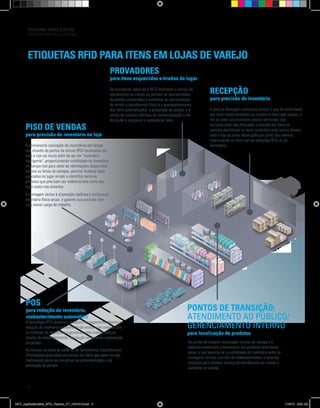 RELATÓRIO SOBRE O SETOR
MERCADO VAREJISTA DA MODA
4
General Retail Environment
PROVADORES
para itens esquecidos e tirados do lugar
PONTOS DE TRANSIÇÃO;
ATENDIMENTO AO PÚBLICO/
GERENCIAMENTO INTERNO
para localização de produtos
Os provadores aptos para RFID melhoram o serviço de
atendimento ao cliente ao permitir as oportunidades
de vendas combinadas e aumentar as oportunidades
de venda, o atendimento físico e o acompanhamento
dos itens automatizados, a prevenção de perdas, e a
coleta de valiosas métricas de comercialização a fim
de ajudar a recuperar e reabastecer itens.
PISO DE VENDAS
para precisão de inventário na loja
A permanente realização de inventários em tempo
real através de pontos de leitura RFID localizados em
toda a loja vai muito além de ser um "inventário
inteligente", proporcionando visibilidade do inventário
em tempo real para obter as informações disponíveis,
elimina as faltas de estoque, permite localizar itens
colocados no lugar errado e identifica tanto os
produtos que precisam ser reabastecidos como seu
lugar exato nas estantes.
A contagem cíclica à disposição melhora o tradicional
inventário físico anual, e garante sua precisão com
uma menor carga de trabalho.
RECEPÇÃO
para precisão do inventário
A área de Recepção verifica os envios, o que dá visibilidade
aos itens recém-recebidos ou mostra os itens que saíram, a
fim de obter um inventário preciso em tempo real.
As áreas onde são efetuadas a entrada dos itens no
sistema identificam os itens recebidos como envios diretos
para a loja ou como devoluções por parte dos clientes,
relacionando os itens com as etiquetas RFID se for
necessário.
POS
para redução de inventário,
reabastecimento automático
A tecnologia RFID durante o processo de pagamento detecta a
redução do inventário no momento da venda, e se conecta com
os sistemas do depósito e o gerenciamento interno para as
tarefas de reabastecimento, devolução ou garantia e prevenção
de perdas.
As leituras na porta de saída ou de funcionários disponibilizam
informações granulares exclusivas dos itens que saem da loja,
melhorando assim as iniciativas de comercialização e de
prevenção de perdas.
As portas de impacto localizadas no piso de vendas e o
depósito monitoram o movimento dos produtos entre estas
áreas, o que permite ter a visibilidade do inventário entre as
contagens cíclicas com fins de reabastecimento, e localizar
produtos para oferecer serviço de atendimento ao cliente e
aumentar as vendas.
ETIQUETAS RFID PARA ITENS EM LOJAS DE VAREJO
MOT_ApplicationBrief_RFID_Fashion_PT_1001012.indd 4 11/9/12 9:50 AM
 