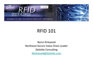 RFID 101

          Bonni Kirkwood
Northeast Secure Value Chain Leader
        Deloitte Consulting
     bkirkwood@deloitte.com
 