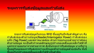 ระยะการรับส่งข้อมูลและกาลังส่ง
ระยะการรับส่งข ้อมูลในระบบ RFID ขึ้นอยู่กับปัจจัยสาคัญต่างๆ คือ
กาลังส่งของตัวอ่านข ้อมูล(Reader/Interrogator Power) กาลังส่งของ
แท็ก (Tag Power) และสภาพแวดล ้อม ส่วนการออกแบบสายอากาศของ
ตัวอ่านข ้อมูล จะเป็ นตัวกาหนดลักษณะรูปร่างของคลื่นแม่เหล็กไฟฟ้าที่
แผ่กระจายออกมาจากสายอากาศ ดังนั้นระยะการรับส่งข ้อมูล บางทีอาจ
ขึ้นอยู่กับมุมของการรับส่งระหว่างแท็กและตัวอ่านข ้อมูลด ้วยเช่นกัน ทั้งนี้
ขึ้นอยู่กับรูปร่างของคลื่นแม่เหล็กไฟฟ้าเป็นสาคัญ
 