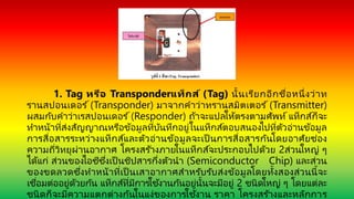 1. Tag หรือ Transponderแท็กส์ (Tag) นั้นเรียกอีกชื่อหนึ่งว่าท
รานสปอนเดอร ์ (Transponder) มาจากคาว่าทรานสมิตเตอร ์ (Transmitter)
ผสมกับคาว่าเรสปอนเดอร ์(Responder) ถ้าจะแปลให้ตรงตามศัพท์ แท็กส์ก็จะ
ทาหน้าที่ส่งสัญญาณหรือข้อมูลที่บันทึกอยู่ในแท็กส์ตอบสนองไปที่ตัวอ่านข้อมูล
การสื่อสารระหว่างแท็กส์และตัวอ่านข้อมูลจะเป็ นการสื่อสารกันโดยอาศัยช่อง
ความถี่วิทยุผ่านอากาศ โครงสร ้างภายในแท็กส์จะประกอบไปด้วย 2ส่วนใหญ่ ๆ
ได้แก่ ส่วนของไอซีซึ่งเป็ นชิปสารกึ่งตัวนา (Semiconductor Chip) และส่วน
ของขดลวดซึ่งทาหน้าที่เป็ นเสาอากาศสาหรับรับส่งข้อมูลโดยทั้งสองส่วนนี้จะ
เชื่อมต่ออยู่ด้วยกัน แท็กส์ที่มีการใช ้งานกันอยู่นั้นจะมีอยู่ 2 ชนิดใหญ่ ๆ โดยแต่ละ
ชนิดก็จะมีความแตกต่างกันในแง่ของการใช้งาน ราคา โครงสร ้างและหลักการ
 