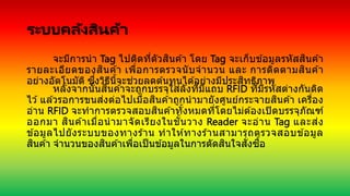 ระบบคลังสินค้า
จะมีการนา Tag ไปติดที่ตัวสินค ้า โดย Tag จะเก็บข ้อมูลรหัสสินค ้า
รายละเอียดของสินค ้า เพื่อการตรวจนับจานวน และ การติดตามสินค ้า
อย่างอัตโนมัติ ซึ่งวิธีนี้จะช่วยลดต ้นทุนได ้อย่างมีประสิทธิภาพ
หลังจากนั้นสินค ้าจะถูกบรรจุใส่ลังที่มีแถบ RFID ที่มีรหัสต่างกันติด
ไว ้แล ้วรอการขนส่งต่อไปเมื่อสินค ้าถูกนามายังศูนย์กระจายสินค ้า เครื่อง
อ่าน RFID จะทาการตรวจสอบสินค ้าทั้งหมดที่โดยไม่ต ้องเปิดบรรจุภัณฑ์
ออกมา สินค ้าเมื่อนามาจัดเรียงในชั้นวาง Reader จะอ่าน Tag และส่ง
ข ้อมูลไปยังระบบของทางร ้าน ทาให ้ทางร ้านสามารถตรวจสอบข ้อมูล
สินค ้า จานวนของสินค ้าเพื่อเป็นข ้อมูลในการตัดสินใจสั่งซื้อ
 