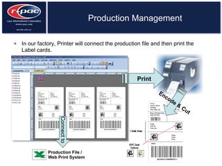Production Management
  In our factory, Printer will connect the production file and then print the
Label cards.
Connectto
Print
Production File /
Web Print System
 