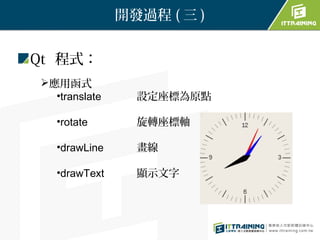 開發過程 ( 三 )


Qt 程式：
應用函式
  •translate     設定座標為原點

   •rotate       旋轉座標軸

   •drawLine     畫線

   •drawText     顯示文字
 