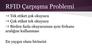 RFID Çarpışma Problemi
⇒ Tek etiket çok okuyucu
⇒ Çok etiket tek okuyucu
⇒ Birden fazla okuyucunun aynı frekans
aralığını kullanması
En yaygın olanı birincisi
 
