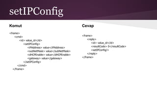 setIPConfig
Komut
<frame>
<cmd>
<id> value_id</id>
<setIPConfig>
<iPAddress> value</iPAddress>
<subNetMask> value</subNetMask>
<dHCPEnable> value</dHCPEnable>
<gateway> value</gateway>
</setIPConfig>
</cmd>
</frame>
Cevap
<frame>
<reply>
<id> value_id</id>
<resultCode> 0</resultCode>
<setIPConfig/>
</reply>
</frame>
 