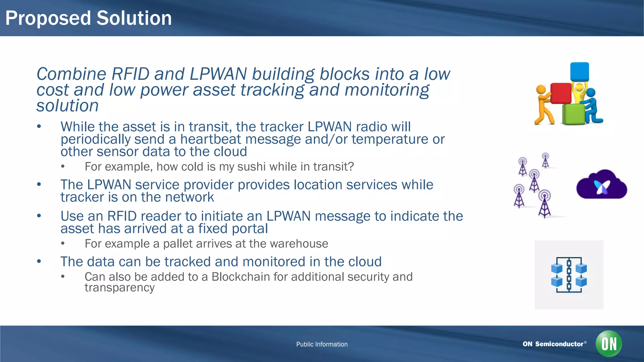 Proposed Solution
Combine RFID and LPWAN building blocks into a low
cost and low power asset tracking and monitoring
solution
• While the asset is in transit, the tracker LPWAN radio will
periodically send a heartbeat message and/or temperature or
other sensor data to the cloud
• For example, how cold is my sushi while in transit?
• The LPWAN service provider provides location services while
tracker is on the network
• Use an RFID reader to initiate an LPWAN message to indicate the
asset has arrived at a fixed portal
• For example a pallet arrives at the warehouse
• The data can be tracked and monitored in the cloud
• Can also be added to a Blockchain for additional security and
transparency
 