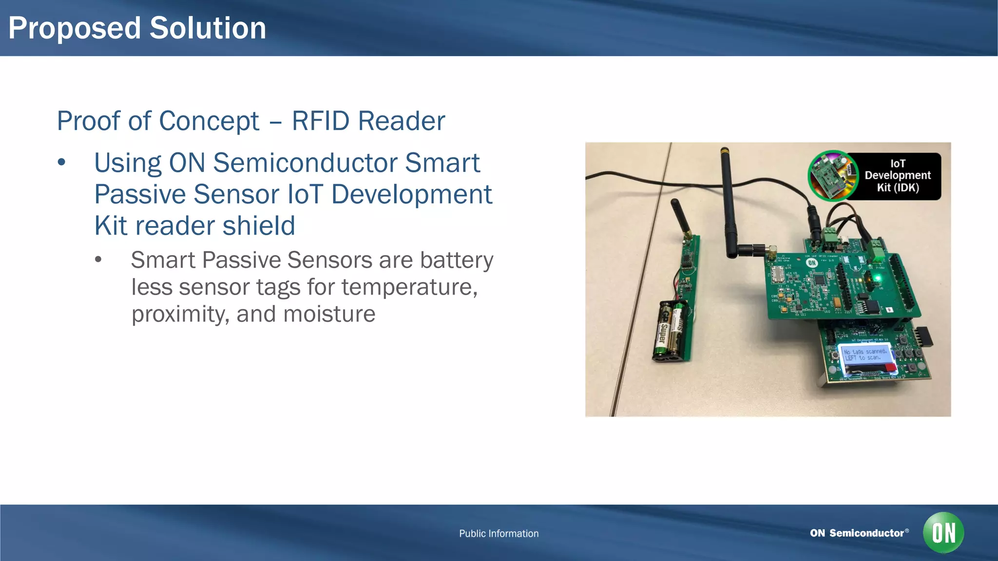Proposed Solution
Proof of Concept – RFID Reader
• Using ON Semiconductor Smart
Passive Sensor IoT Development
Kit reader shield
• Smart Passive Sensors are battery
less sensor tags for temperature,
proximity, and moisture
 