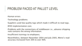 PROBLEM FACED AT PALLET LEVEL
•Human errors
•Technology problems
•Suppliers used low quality tags which made it difficult to read tags.
•RFID implementation cost.
•Problems with the connections of middleware i.e., advance shipping
note contains the wrong information.
•Insufficient trainings to employees.
•Nevertheless, between November 2004 and July 2005, Metro’s read
accuracy increased from 30% to over 90%.
 