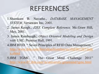 1.Shamkant B. Navathe., DATABASE MANAGEMENT
  SYSTEM. Versaware Inc, 2001.
2. James Keogh., J2EE Complete Reference. Mc.Graw Hill,
  May, 2001.
3. James Rambaugh., Object Oriented Modeling and Design
  with UML. Prentice Hall, 1991.
4.IBM RFID. “ Seven Principles of RFID Data Management,”
  http://www.ibm.com/ibm/ideasfromibm/us/rfid/061207/inde
  x.shtml
5.IBM TGMC. ” The Great Mind Challenge 2011”
  http://www-07.ibm.com/in/university/greatmind/tgmc.html
 