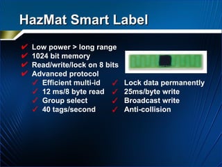 HazMat Smart Label Low power > long range 1024 bit memory Read/write/lock on 8 bits Advanced protocol Efficient multi-id      Lock data permanently 12 ms/8 byte read      25ms/byte write Group select      Broadcast write 40 tags/second      Anti-collision 