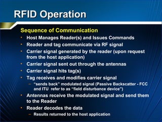 RFID Operation Sequence of Communication Host Manages Reader(s) and Issues Commands Reader and tag communicate via RF signal Carrier signal generated by the reader (upon request from the host application) Carrier signal sent out through the antennas Carrier signal hits tag(s) Tag receives and modifies carrier signal “ sends back” modulated signal (Passive Backscatter - FCC and ITU  refer to as “field disturbance device”) Antennas receive the modulated signal and send them to the Reader Reader decodes the data Results returned to the host application 