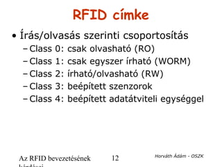 Az RFID bevezetésének 12 Horváth Ádám - OSZK
RFID címke
• Írás/olvasás szerinti csoportosítás
– Class 0: csak olvasható (RO)
– Class 1: csak egyszer írható (WORM)
– Class 2: írható/olvasható (RW)
– Class 3: beépített szenzorok
– Class 4: beépített adatátviteli egységgel
 