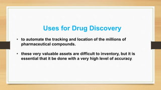 Uses for Drug Discovery
• to automate the tracking and location of the millions of
pharmaceutical compounds.
• these very valuable assets are difficult to inventory, but it is
essential that it be done with a very high level of accuracy.
 