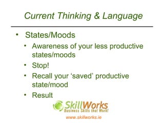 Current Thinking & Language States/Moods Awareness of your less productive states/moods Stop! Recall your ‘saved’ productive state/mood Result 