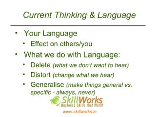 Current Thinking & Language Your Language Effect on others/you What we do with Language: Delete  (what we don’t want to hear) Distort  (change what we hear) Generalise  (make things general vs. specific - always, never) 