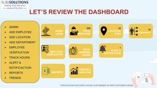 LET’S REVIEW THE DASHBOARD
Ø ADMIN
Ø ADD EMPLOYEE
Ø ADD LOCATION
Ø ADD DEPARTMENT
Ø EMPLOYEE
VERIFICATION
Ø TRACK HOURS
Ø ALERT &
NOTIFICACTION
Ø REPORTS
Ø TRENDS
ADMIN
LOGIN
500
TOTAL
EMPLOYEE
25
LOCATION/
SITES
10
Department
EMPLOYEE
VERIFICATION
TOTAL
WORKING
HOURS
1
ALERT &
NOTIFICATION
REPORTS
TRENDS &
ANALYSIS
* APPLICATION FEATURES CAN BE CUSTOMISED AS PER CUSTOMER USAGE
 