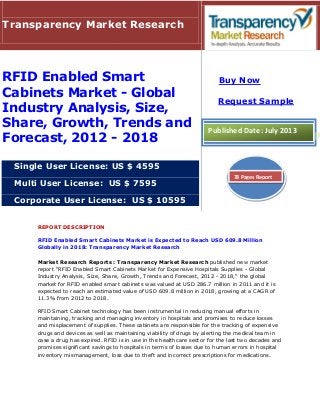REPORT DESCRIPTION
RFID Enabled Smart Cabinets Market is Expected to Reach USD 609.8 Million
Globally in 2018: Transparency Market Research
Market Research Reports : Transparency Market Research published new market
report "RFID Enabled Smart Cabinets Market for Expensive Hospitals Supplies - Global
Industry Analysis, Size, Share, Growth, Trends and Forecast, 2012 - 2018," the global
market for RFID enabled smart cabinets was valued at USD 286.7 million in 2011 and it is
expected to reach an estimated value of USD 609.8 million in 2018, growing at a CAGR of
11.3% from 2012 to 2018.
RFID Smart Cabinet technology has been instrumental in reducing manual efforts in
maintaining, tracking and managing inventory in hospitals and promises to reduce losses
and misplacement of supplies. These cabinets are responsible for the tracking of expensive
drugs and devices as well as maintaining viability of drugs by alerting the medical team in
case a drug has expired. RFID is in use in the healthcare sector for the last two decades and
promises significant savings to hospitals in terms of losses due to human errors in hospital
inventory mismanagement, loss due to theft and incorrect prescriptions for medications.
Transparency Market Research
RFID Enabled Smart
Cabinets Market - Global
Industry Analysis, Size,
Share, Growth, Trends and
Forecast, 2012 - 2018
Single User License: US $ 4595
Multi User License: US $ 7595
Corporate User License: US $ 10595
Buy Now
Request Sample
Published Date: July 2013
78 Pages Report
 