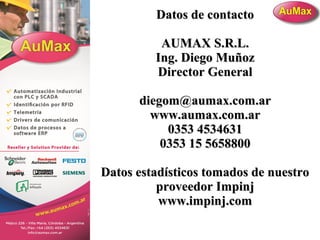 Datos de contactoDatos de contacto
AUMAX S.R.L.AUMAX S.R.L.
Ing. Diego MuñozIng. Diego Muñoz
Director GeneralDirector General
diegom@aumax.com.ardiegom@aumax.com.ar
www.aumax.com.arwww.aumax.com.ar
0353 45346310353 4534631
0353 15 56588000353 15 5658800
Datos estadísticos tomados de nuestroDatos estadísticos tomados de nuestro
proveedor Impinjproveedor Impinj
www.impinj.comwww.impinj.com
 