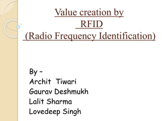 Value creation by
RFID
(Radio Frequency Identification)
By –
Archit Tiwari
Gaurav Deshmukh
Lalit Sharma
Lovedeep Singh
 