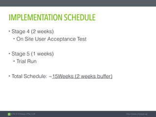 2014 © Intrasys (Pte.) Ltd. http://www.intrasys.sg
IMPLEMENTATIONSCHEDULE
• Stage 4 (2 weeks)
• On Site User Acceptance Test
• Stage 5 (1 weeks)
• Trial Run
• Total Schedule: ~15Weeks (2 weeks buffer)
 
