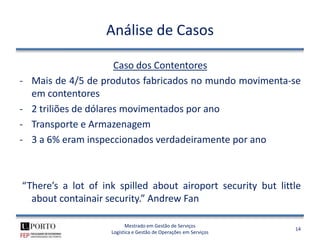 Análise de Casos

                        Caso dos Contentores
-   Mais de 4/5 de produtos fabricados no mundo movimenta-se
    em contentores
-   2 triliões de dólares movimentados por ano
-   Transporte e Armazenagem
-   3 a 6% eram inspeccionados verdadeiramente por ano



“There’s a lot of ink spilled about airoport security but little
  about containair security.” Andrew Fan

                          Mestrado em Gestão de Serviços
                                                                  14
                    Logística e Gestão de Operações em Serviços
 