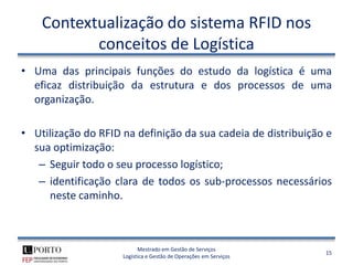Contextualização do sistema RFID nos
           conceitos de Logística
• Uma das principais funções do estudo da logística é uma
  eficaz distribuição da estrutura e dos processos de uma
  organização.

• Utilização do RFID na definição da sua cadeia de distribuição e
  sua optimização:
   – Seguir todo o seu processo logístico;
   – identificação clara de todos os sub-processos necessários
     neste caminho.



                           Mestrado em Gestão de Serviços
                                                                   15
                     Logística e Gestão de Operações em Serviços
 