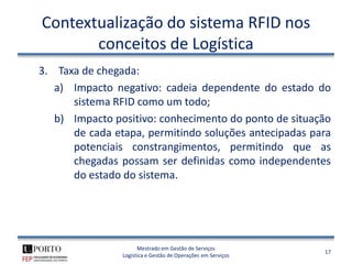 Contextualização do sistema RFID nos
       conceitos de Logística
3. Taxa de chegada:
   a) Impacto negativo: cadeia dependente do estado do
      sistema RFID como um todo;
   b) Impacto positivo: conhecimento do ponto de situação
      de cada etapa, permitindo soluções antecipadas para
      potenciais constrangimentos, permitindo que as
      chegadas possam ser definidas como independentes
      do estado do sistema.




                      Mestrado em Gestão de Serviços
                                                              17
                Logística e Gestão de Operações em Serviços
 