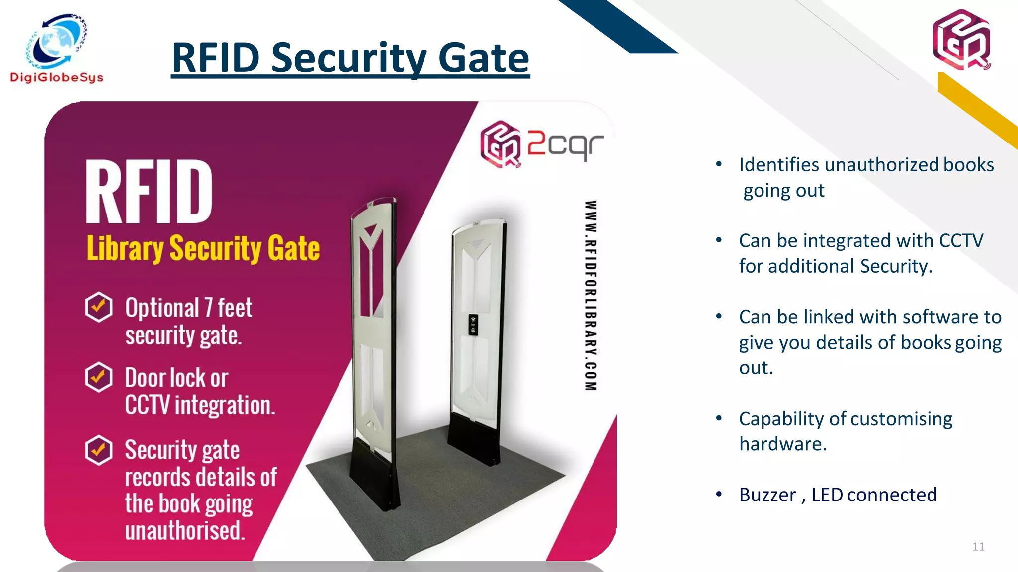11
FR
RFID Security Gate
• Identifies unauthorized books
going out
• Can be integrated with CCTV
for additional Security.
• Can be linked with software to
give you details of booksgoing
out.
• Capability of customising
hardware.
• Buzzer , LED connected
 