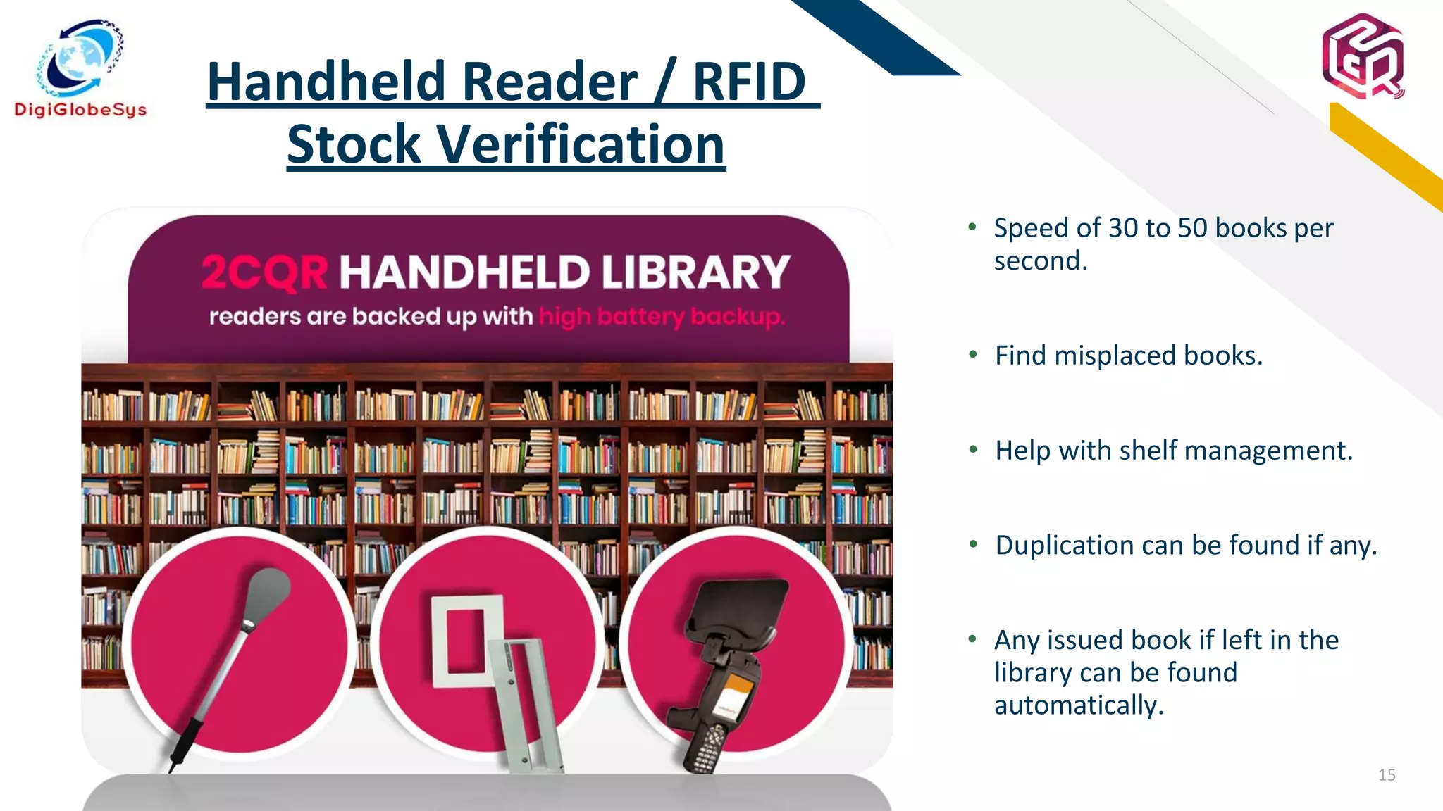 15
FR
Handheld Reader / RFID
Stock Verification
• Speed of 30 to 50 books per
second.
• Find misplaced books.
• Help with shelf management.
• Duplication can be found if any.
• Any issued book if left in the
library can be found
automatically.
 