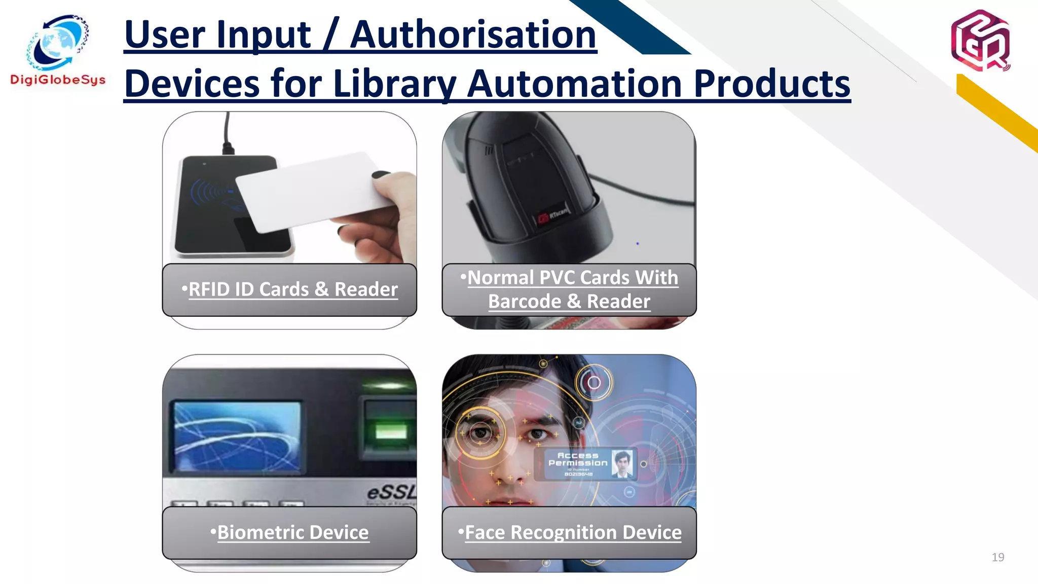 FR
User Input / Authorisation
Devices for Library Automation Products
•Normal PVC Cards With
Barcode & Reader
19
•RFID ID Cards & Reader
•Biometric Device •Face Recognition Device
 
