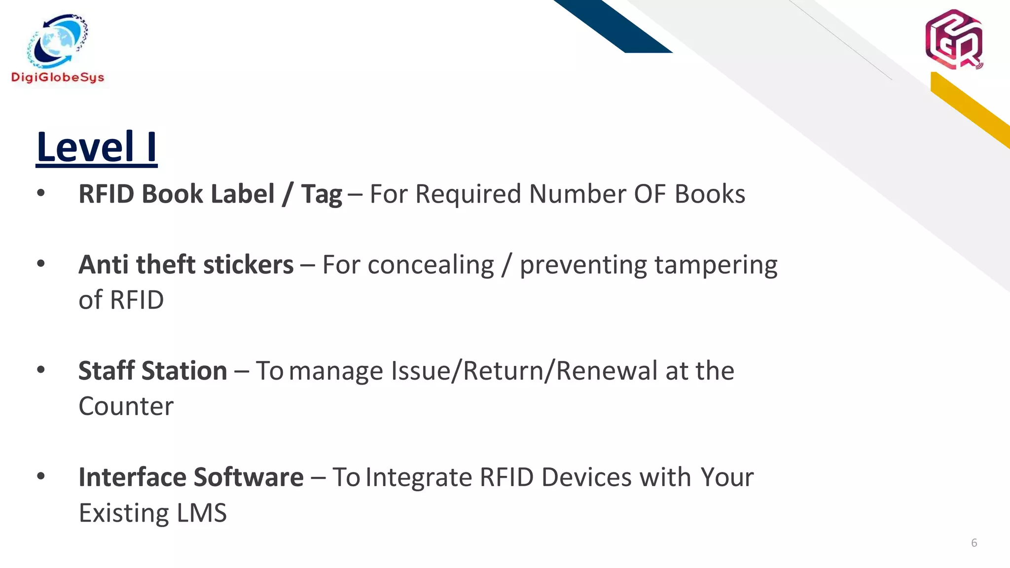 6
FR
Level I
• RFID Book Label / Tag – For Required Number OF Books
• Anti theft stickers – For concealing / preventing tampering
of RFID
• Staff Station – Tomanage Issue/Return/Renewal at the
Counter
• Interface Software – ToIntegrate RFID Devices with Your
Existing LMS
 